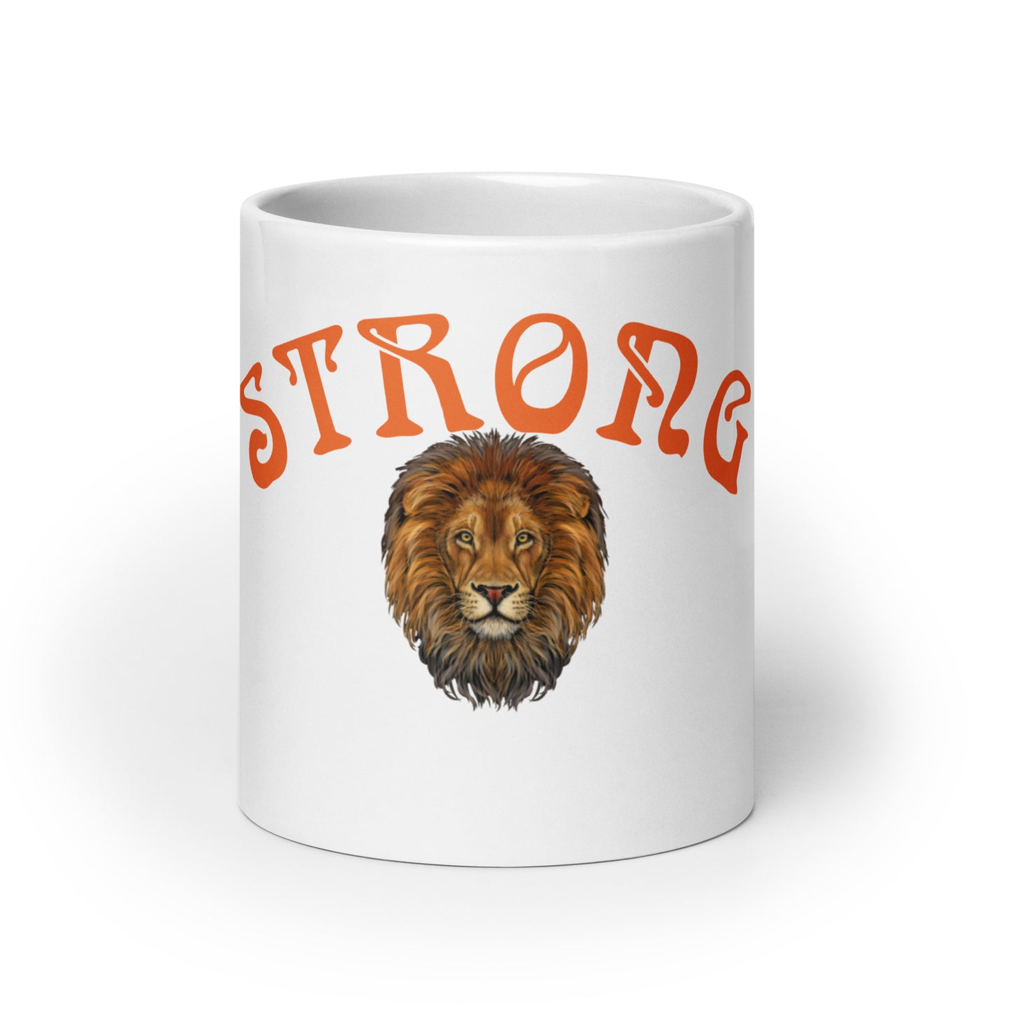 “STRONG”White Glossy Mug W/Arch Orange Font