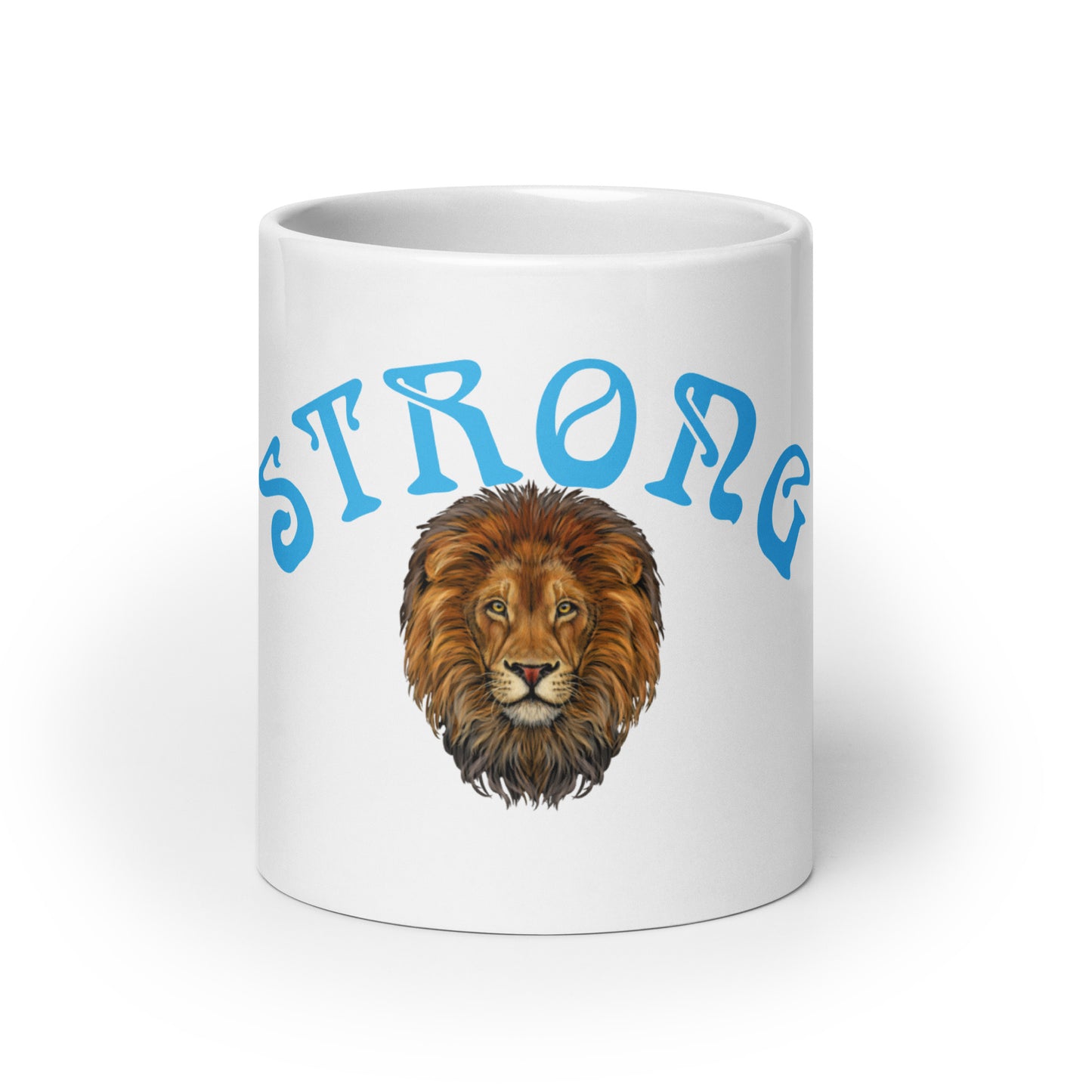 “STRONG”White Glossy Mug W/Arch SkyBlue Font
