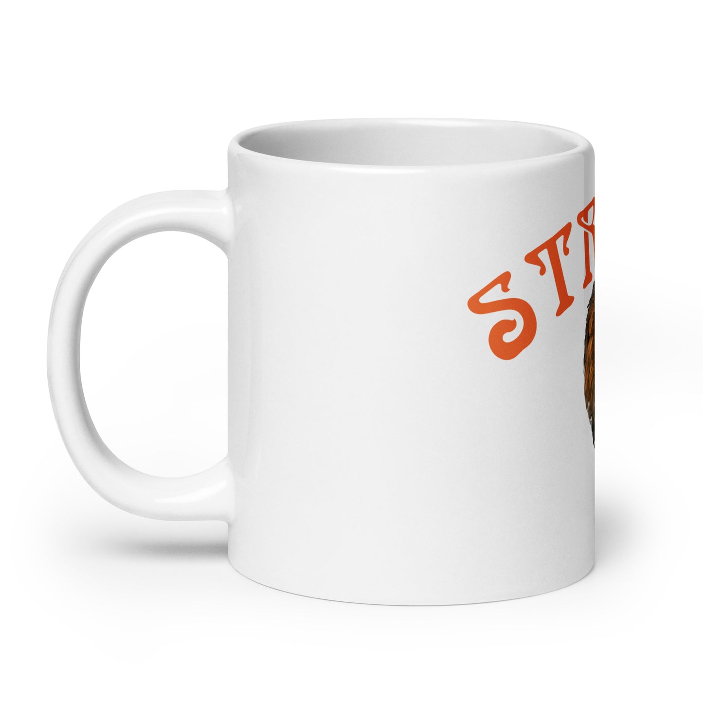 “STRONG”White Glossy Mug W/Arch Orange Font