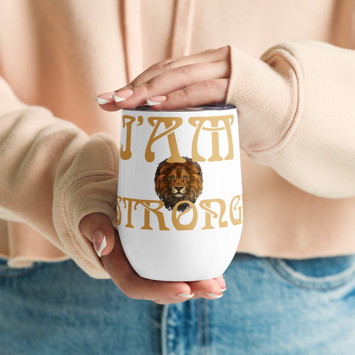“I’AM STRONG!” White Wine Tumbler W/Fawn Font