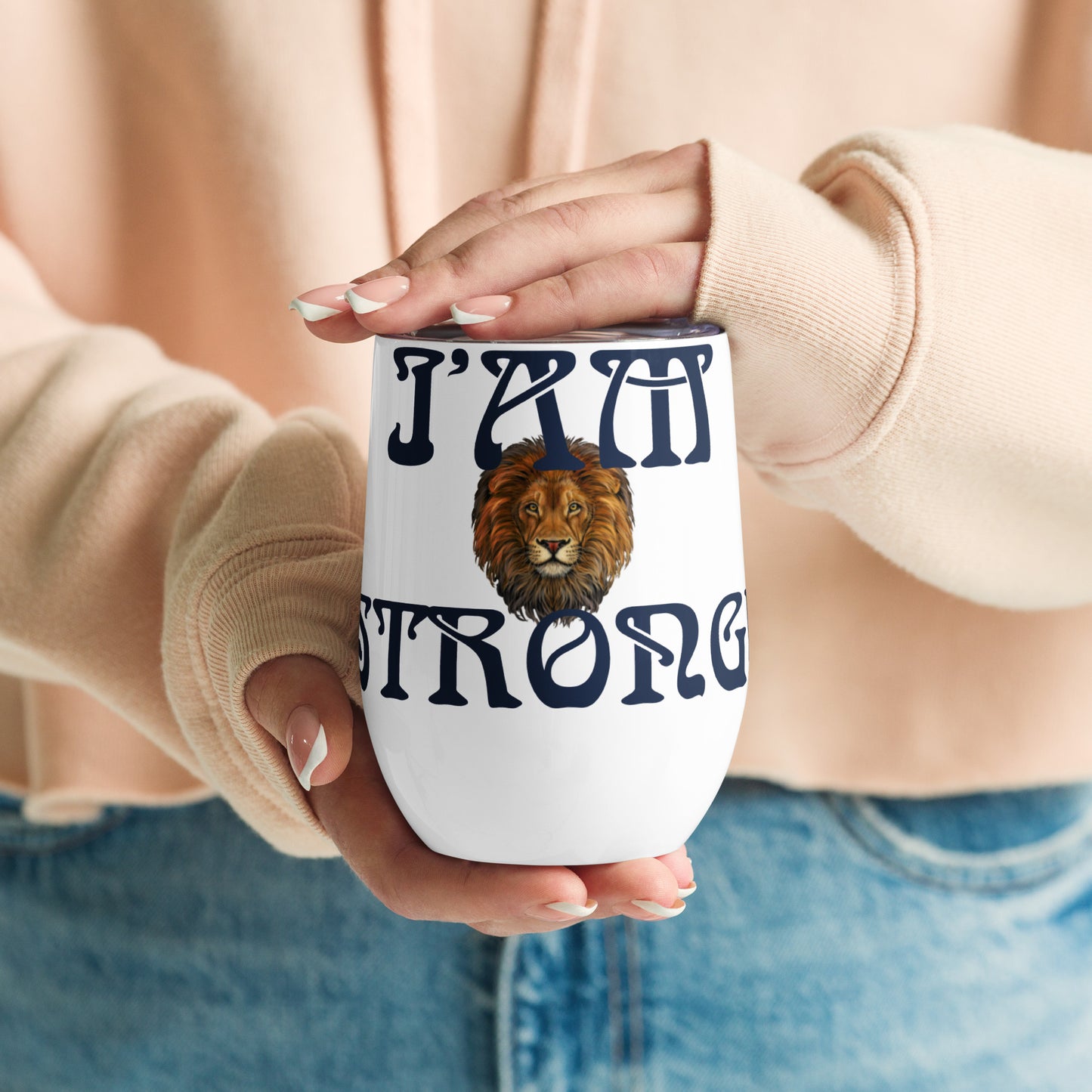 “I’AM STRONG!” White Wine Tumbler W/Navy Font