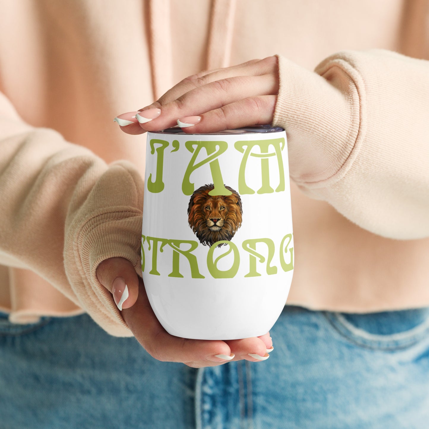 “I’AM STRONG!” White Wine Tumbler W/White Willow Font
