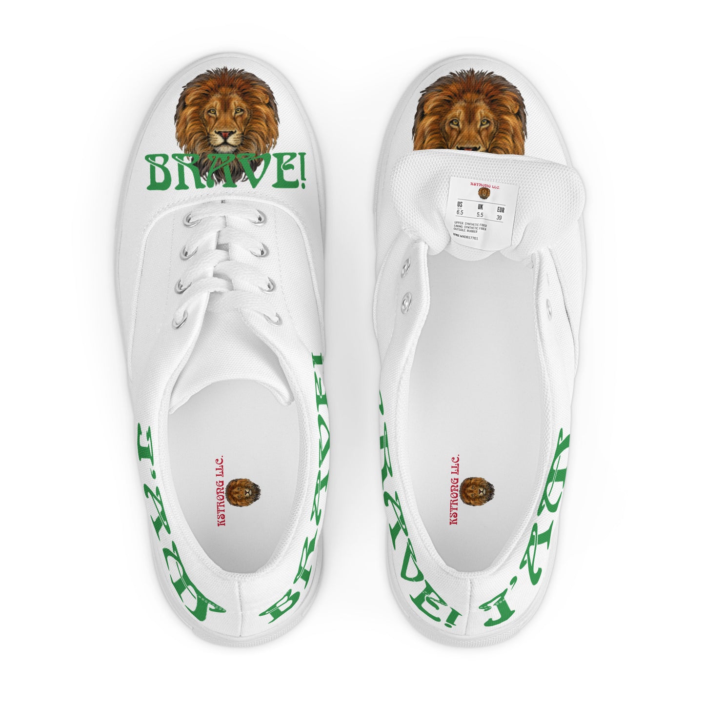 “I’AM BRAVE!” White Women’s Lace-Up Canvas Shoes W/Green Font