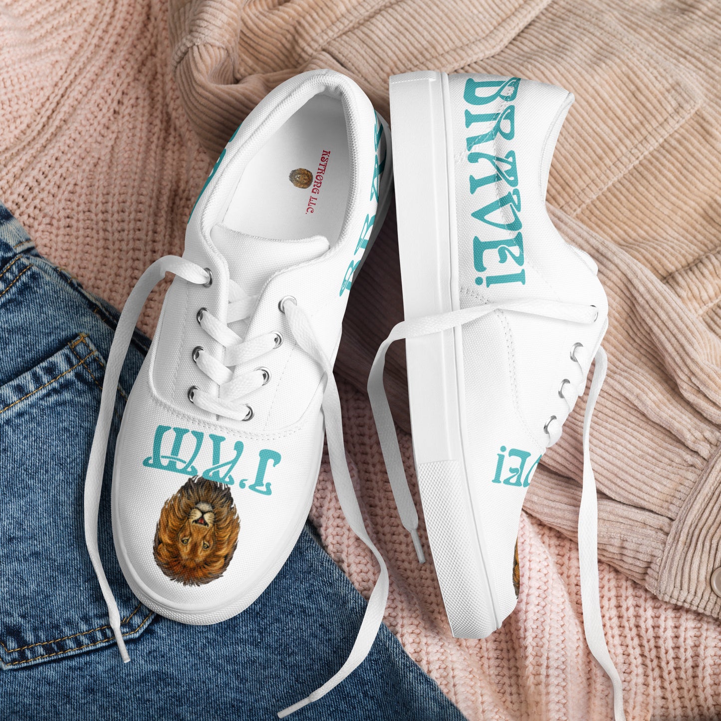 “I’AM BRAVE!”White Women’s Lace-Up Canvas Shoes W/Viking Font