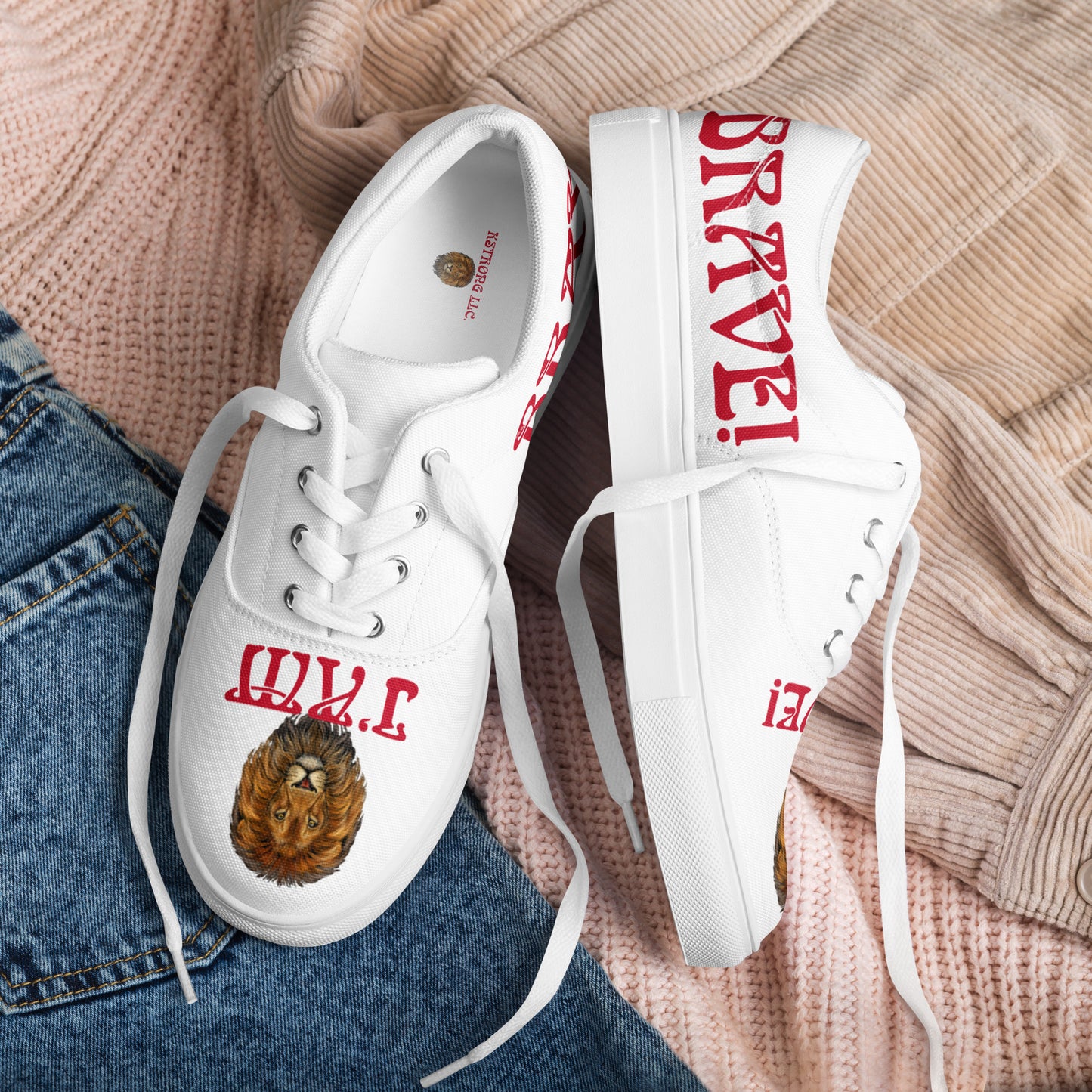 “I’AM BRAVE!”White Women’s Lace-Up Canvas Shoes W/Red Font
