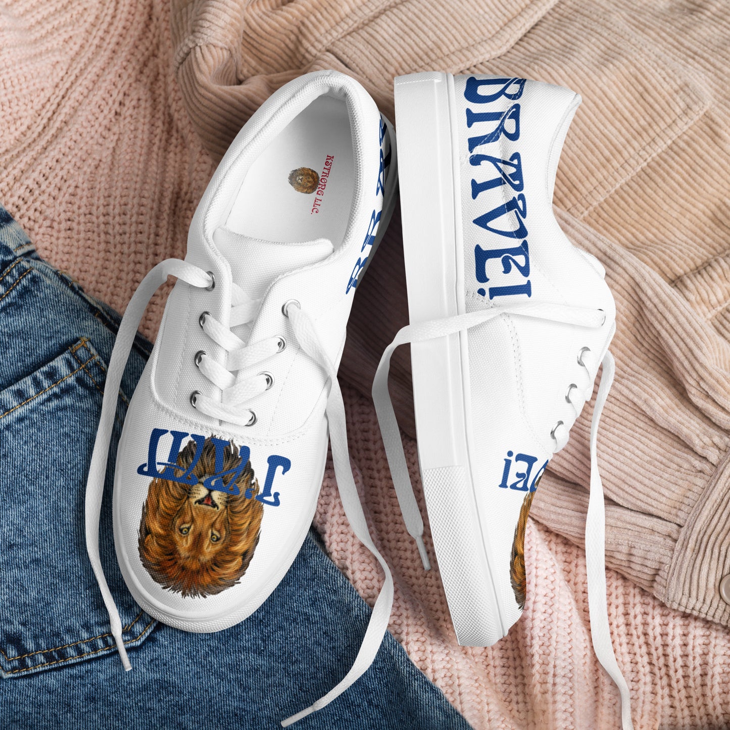 “I’AM BRAVE!”White Women’s Lace-Up Canvas Shoes W/Blue Font