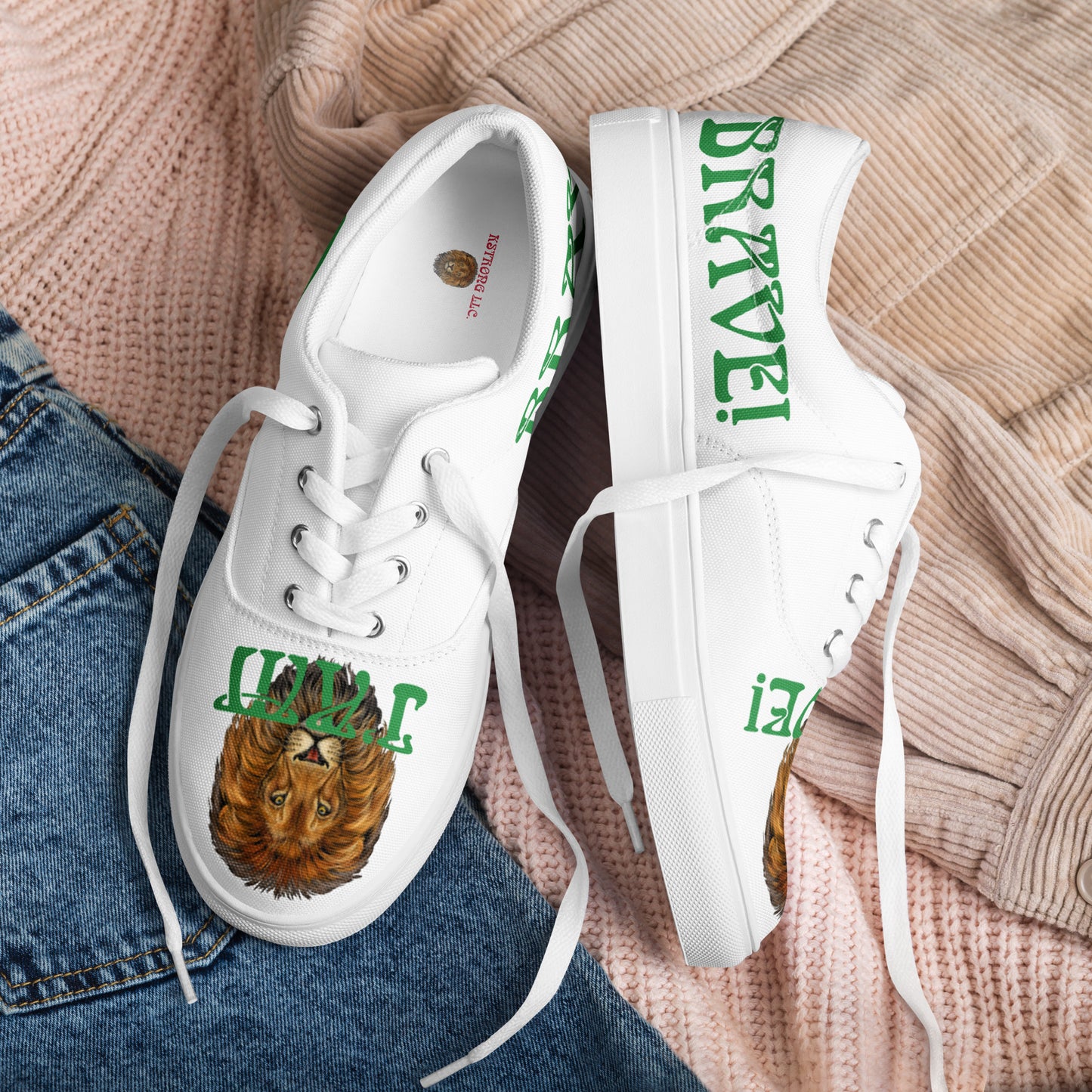 “I’AM BRAVE!” White Women’s Lace-Up Canvas Shoes W/Green Font
