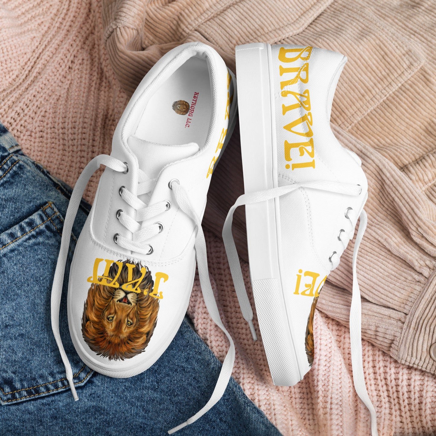 “I’AM BRAVE!”White Women’s Lace-Up Canvas Shoes W/Yellow Font
