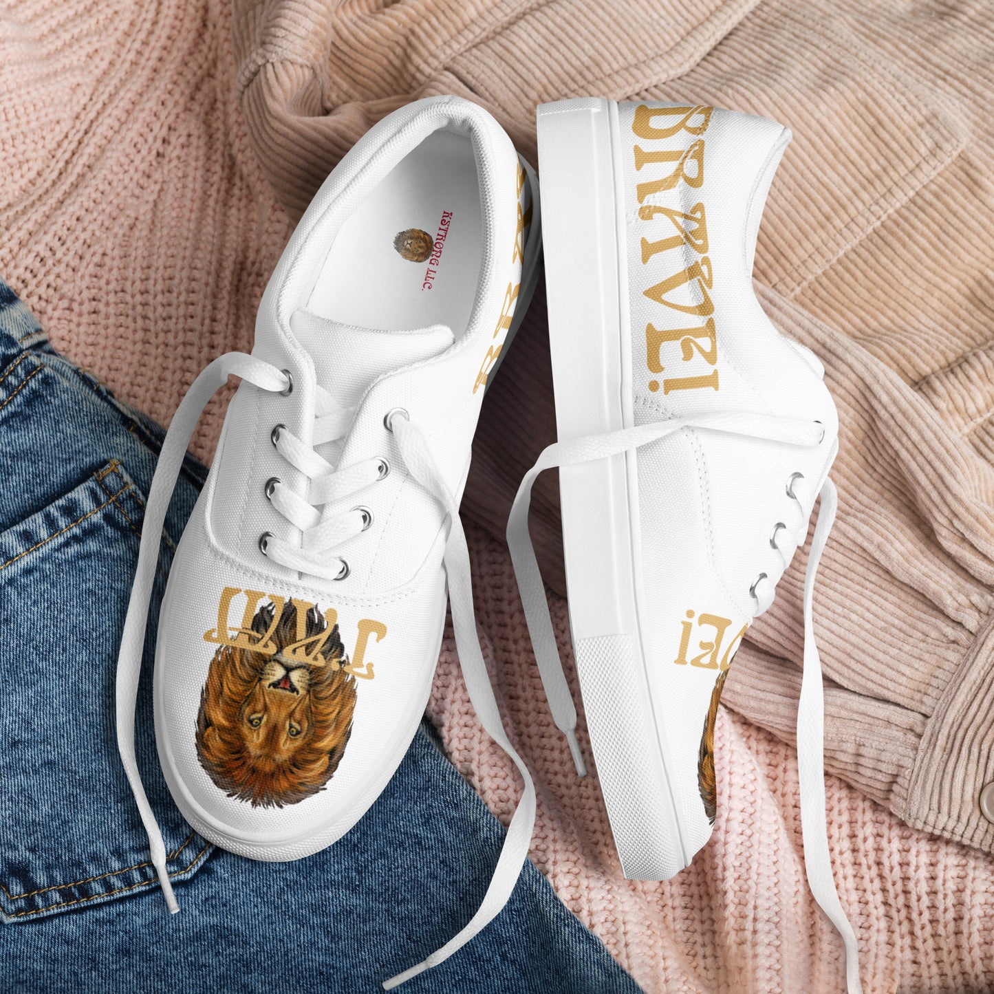“I’AM BRAVE!”White Women’s Lace-Up Canvas Shoes W/Fawn Font