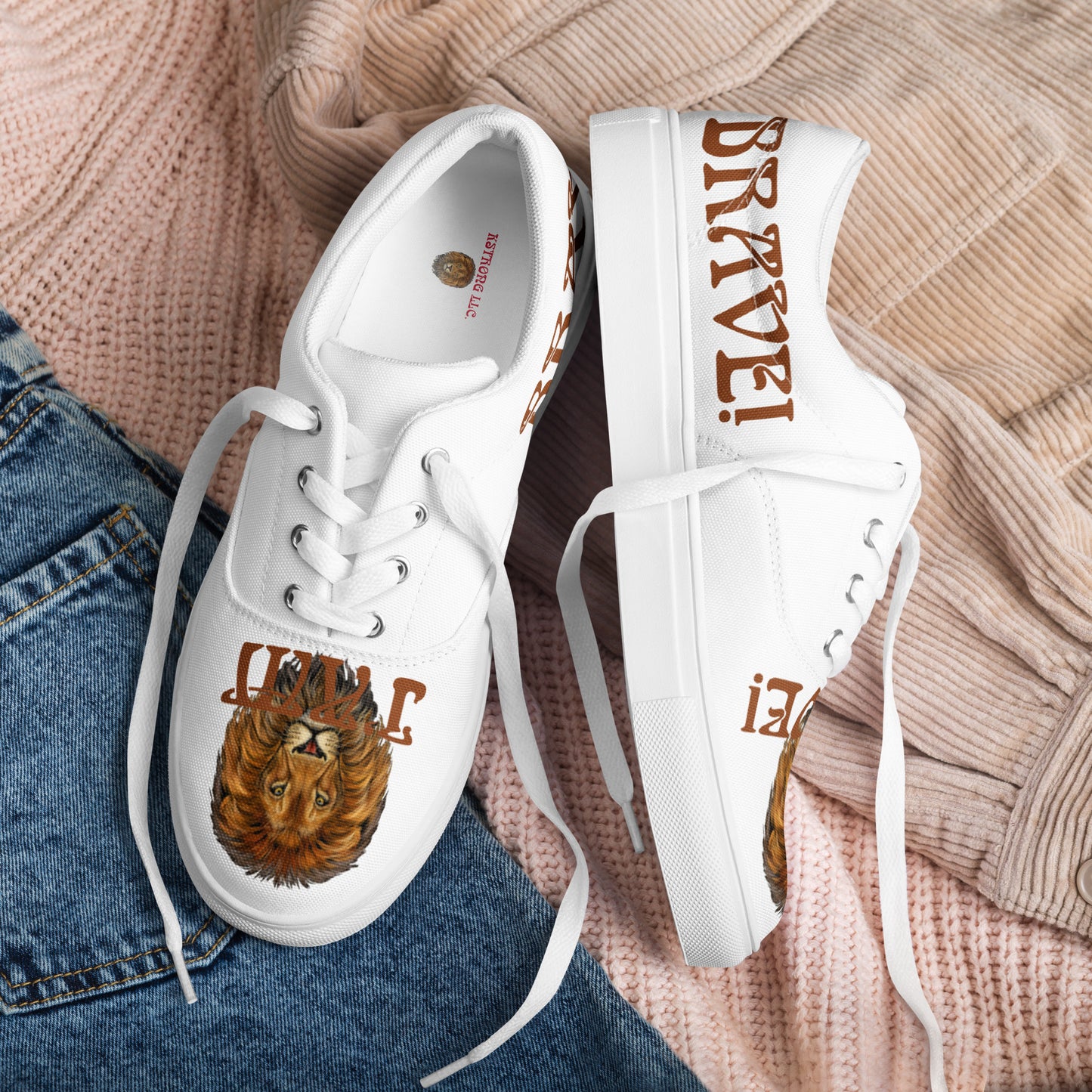 “I’AM BRAVE!” White Women’s Lace-Up Canvas Shoes W/Brown Font