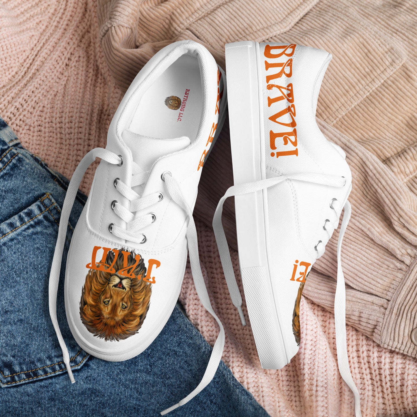 “I’AM BRAVE!” White Women’s Lace-Up Canvas Shoes W/Orange Font