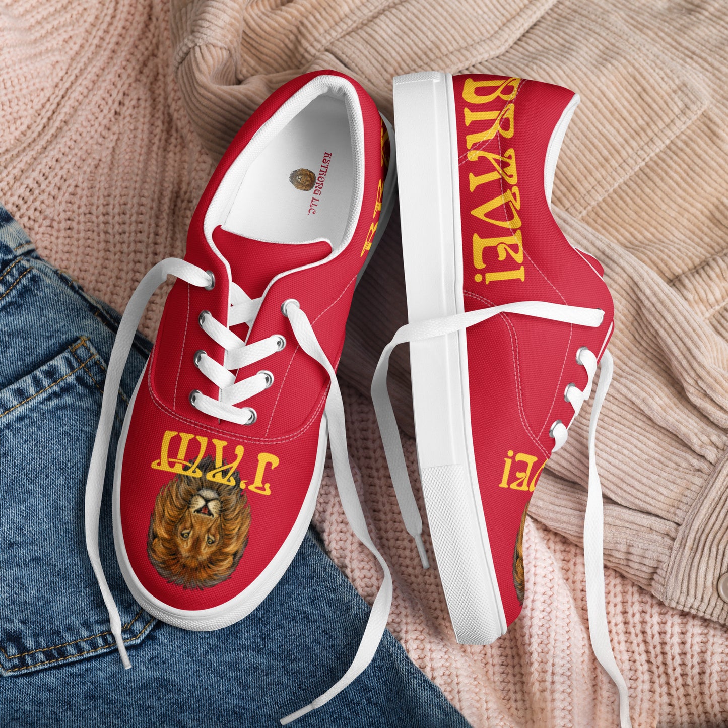 “I’AM BRAVE!”Red Women’s Lace-Up Canvas Shoes W/Yellow Font