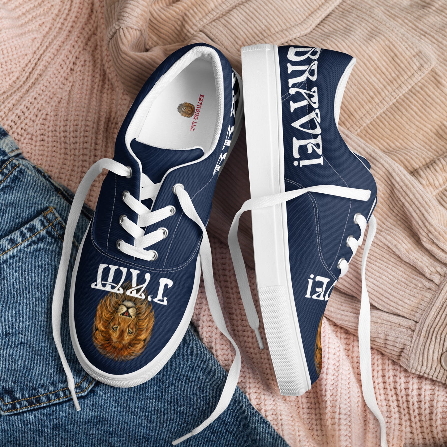 “I’AM BRAVE!” Blue Women’s Lace-Up Canvas Shoes W/White Font