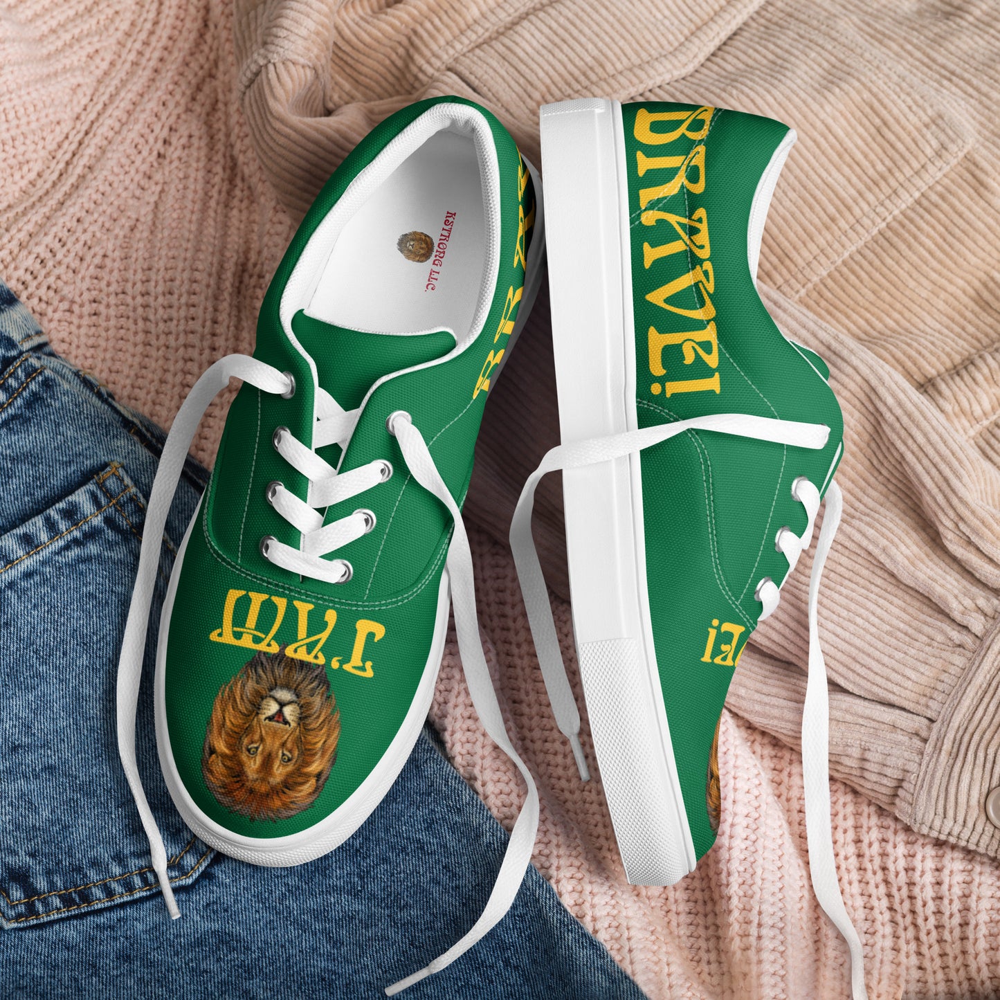 “I’AM BRAVE!” Green Women’s Lace-Up Canvas Shoes W/Yellow Font