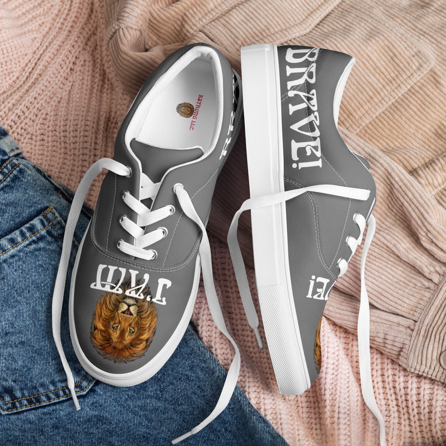 “I’AM BRAVE!” Grey Women’s Lace-Up Canvas Shoes W/White Font