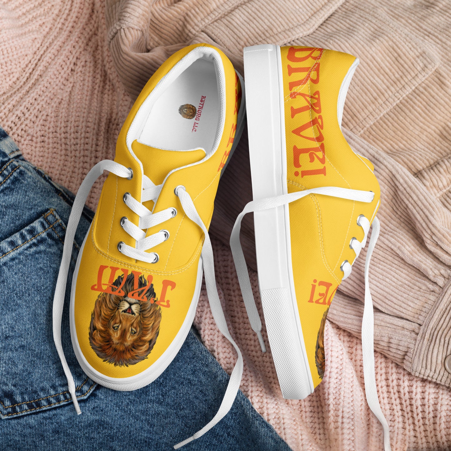 “I’AM BRAVE!”Yellow Women’s Lace-Up Canvas Shoes W/Orange Font