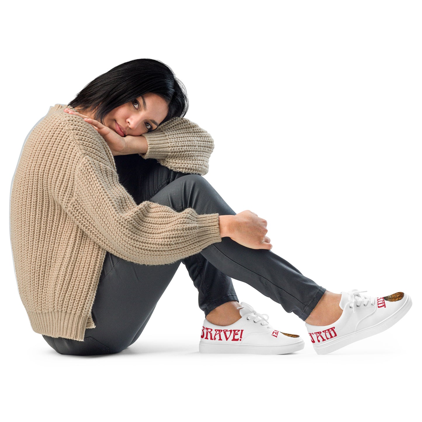 “I’AM BRAVE!”White Women’s Lace-Up Canvas Shoes W/Red Font