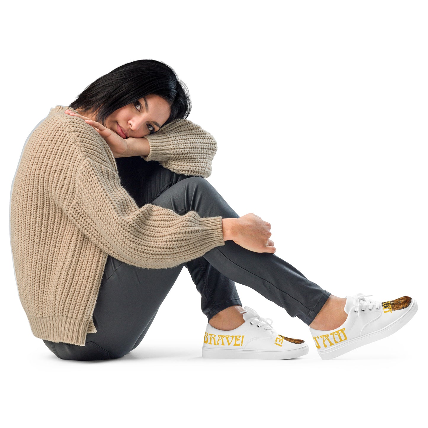 “I’AM BRAVE!”White Women’s Lace-Up Canvas Shoes W/Yellow Font