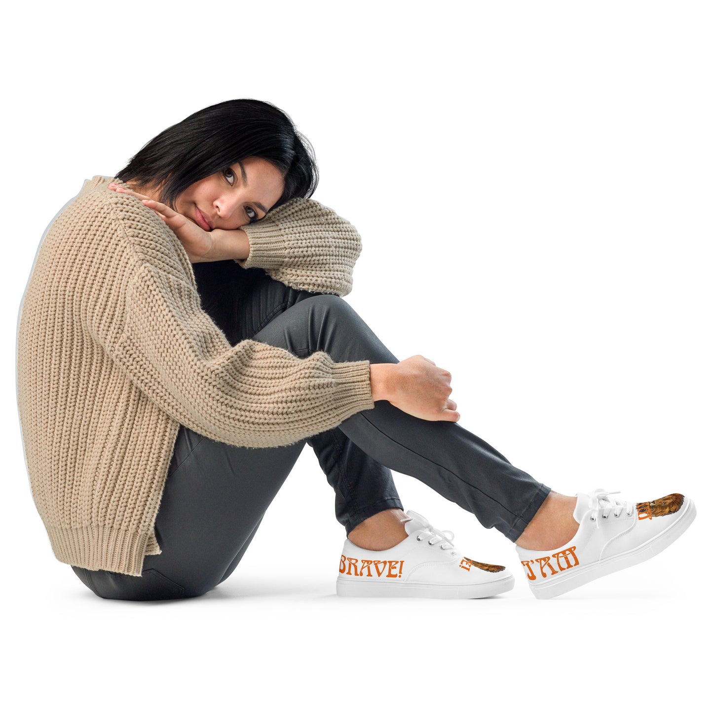 “I’AM BRAVE!” White Women’s Lace-Up Canvas Shoes W/Orange Font