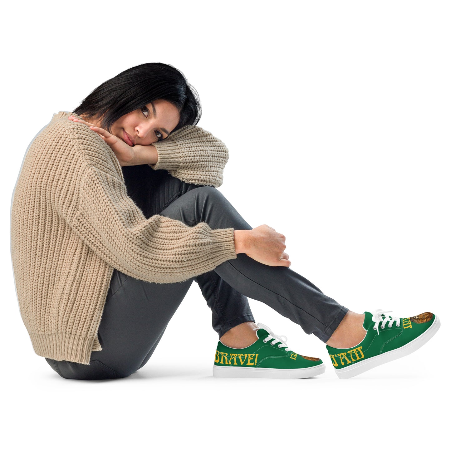 “I’AM BRAVE!” Green Women’s Lace-Up Canvas Shoes W/Yellow Font