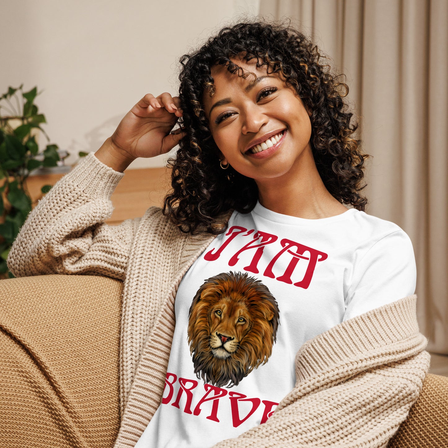 "I'AM BRAVE!”Women's Relaxed T-Shirt W/Red Font