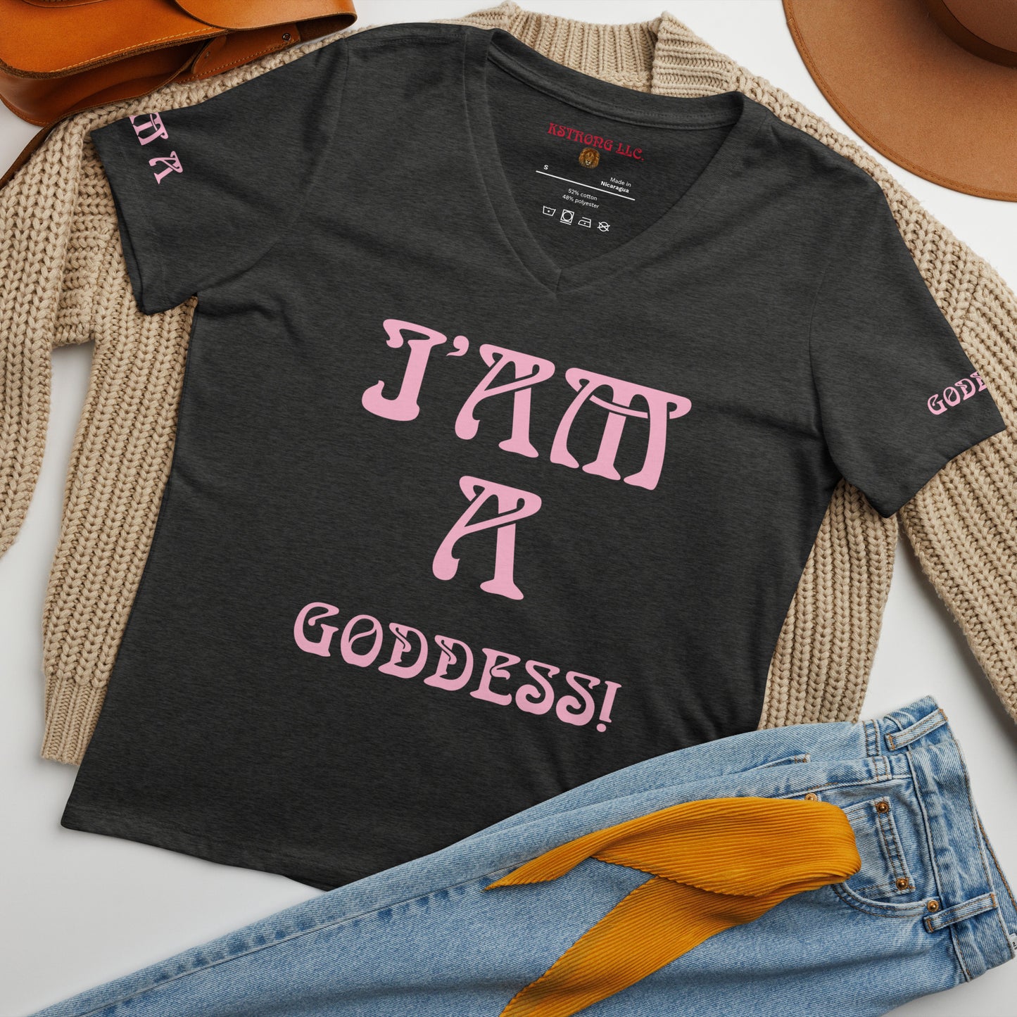 “I’AM A GODDESS!”Women’s Relaxed V-Neck T-Shirt W/Cotton Candy Font