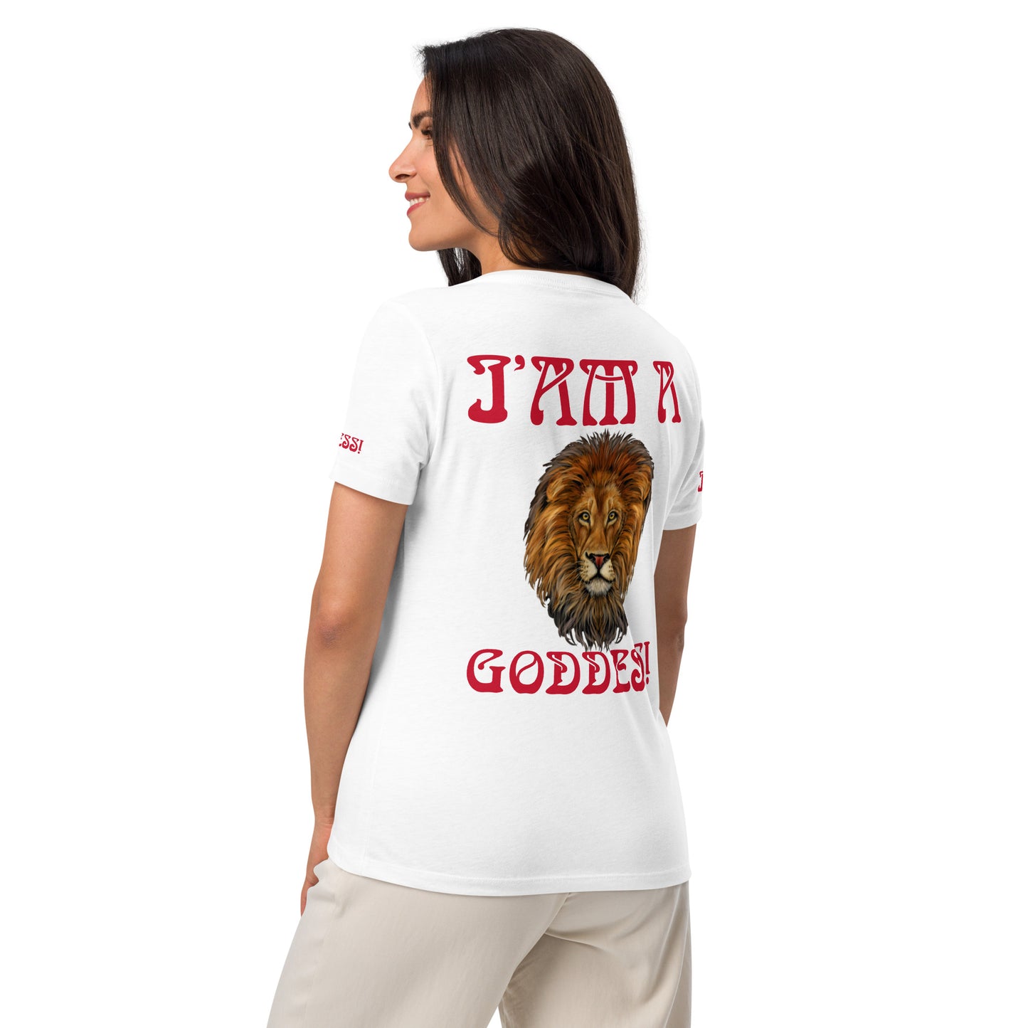 “I’AM A GODDESS!” White Women’s Relaxed V-Neck T-Shirt W/Red Font