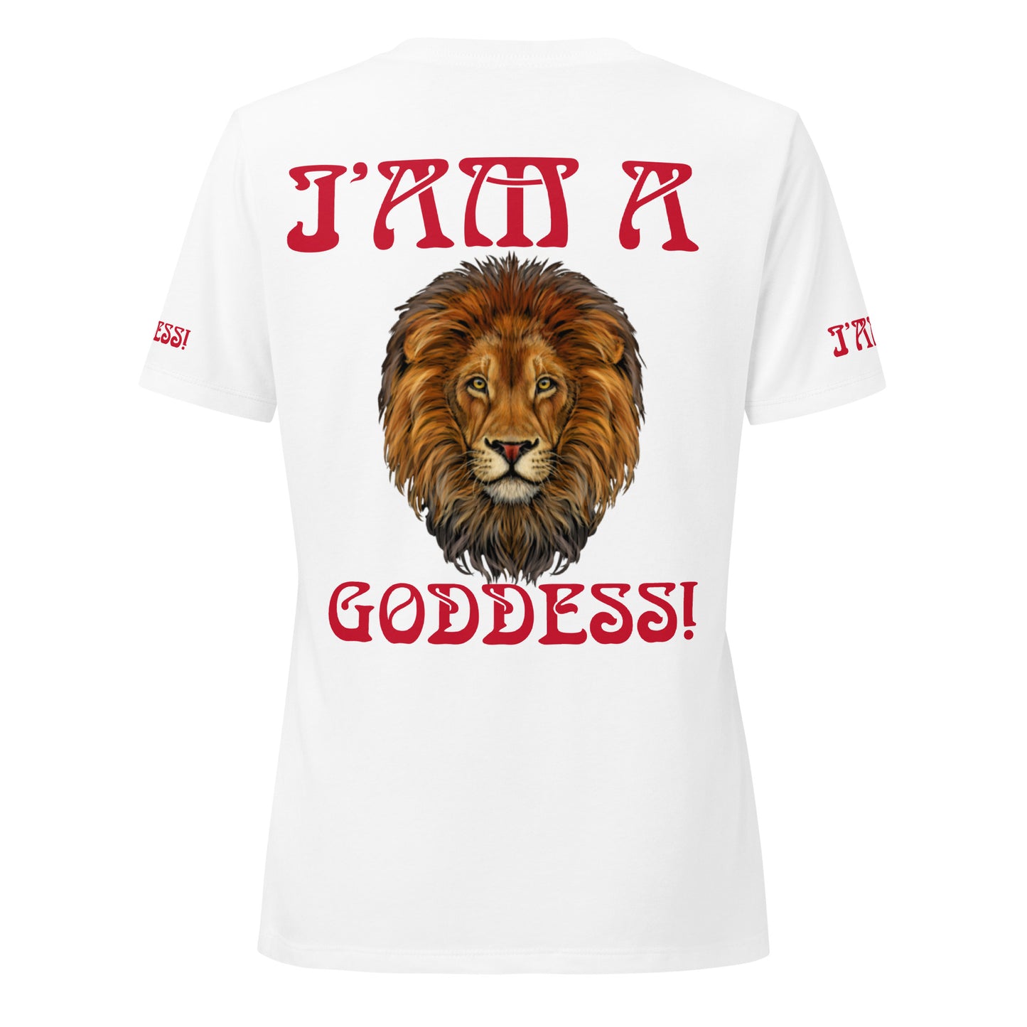 “I’AM A GODDESS!” White Women’s Relaxed V-Neck T-Shirt W/Red Font