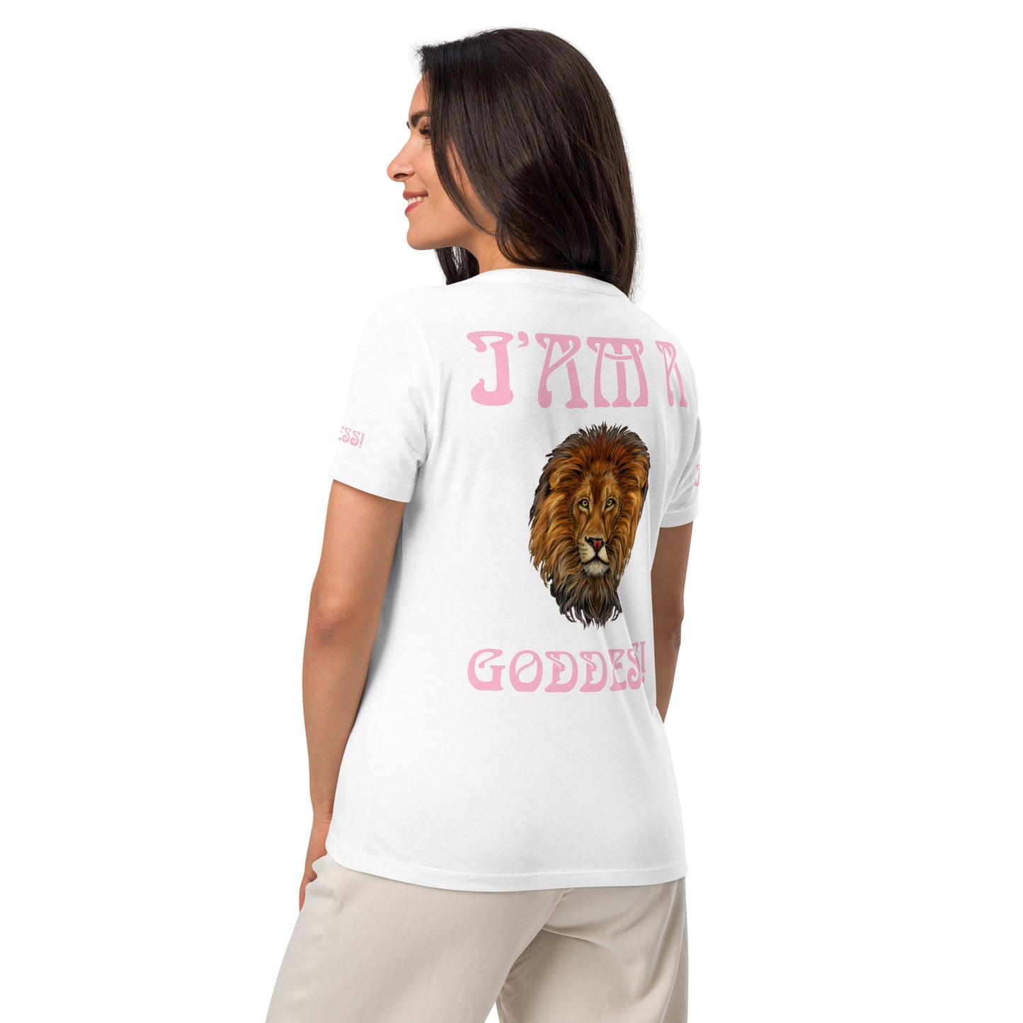 “I’AM A GODDESS!”White Women’s Relaxed V-Neck T-Shirt W/Cotton Candy Font