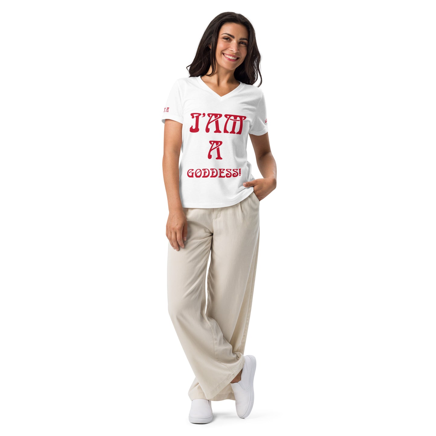 “I’AM A GODDESS!” White Women’s Relaxed V-Neck T-Shirt W/Red Font