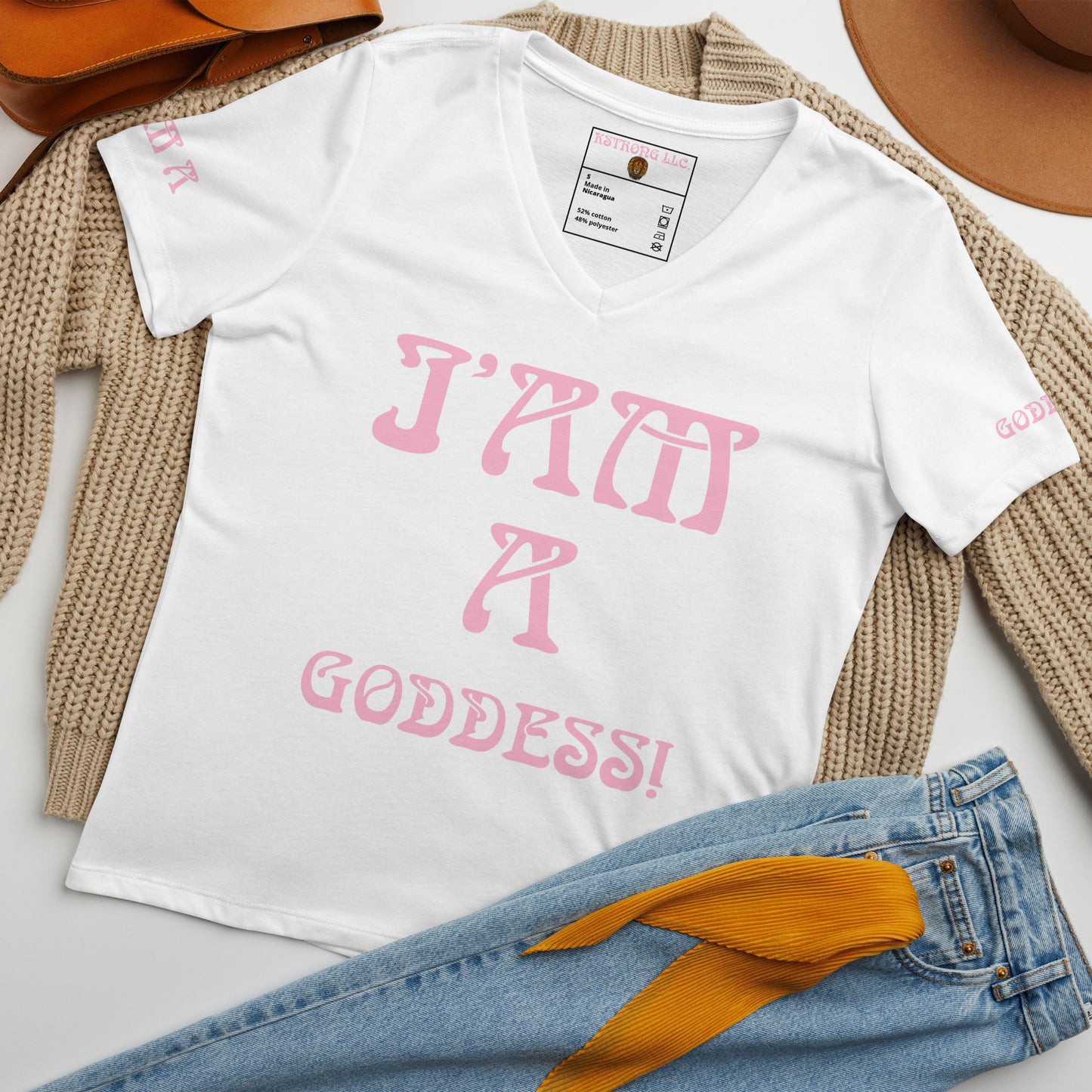 “I’AM A GODDESS!”White Women’s Relaxed V-Neck T-Shirt W/Cotton Candy Font