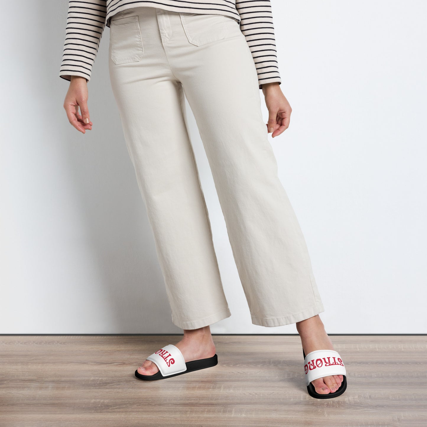 “STRONG” White Women's Slides W/Red Font