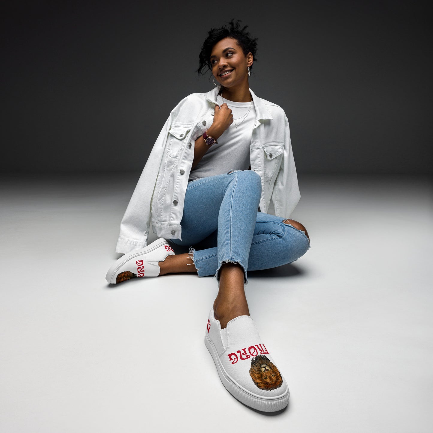 “STRONG”White Women’s Slip-On Canvas Shoes W/Red Font