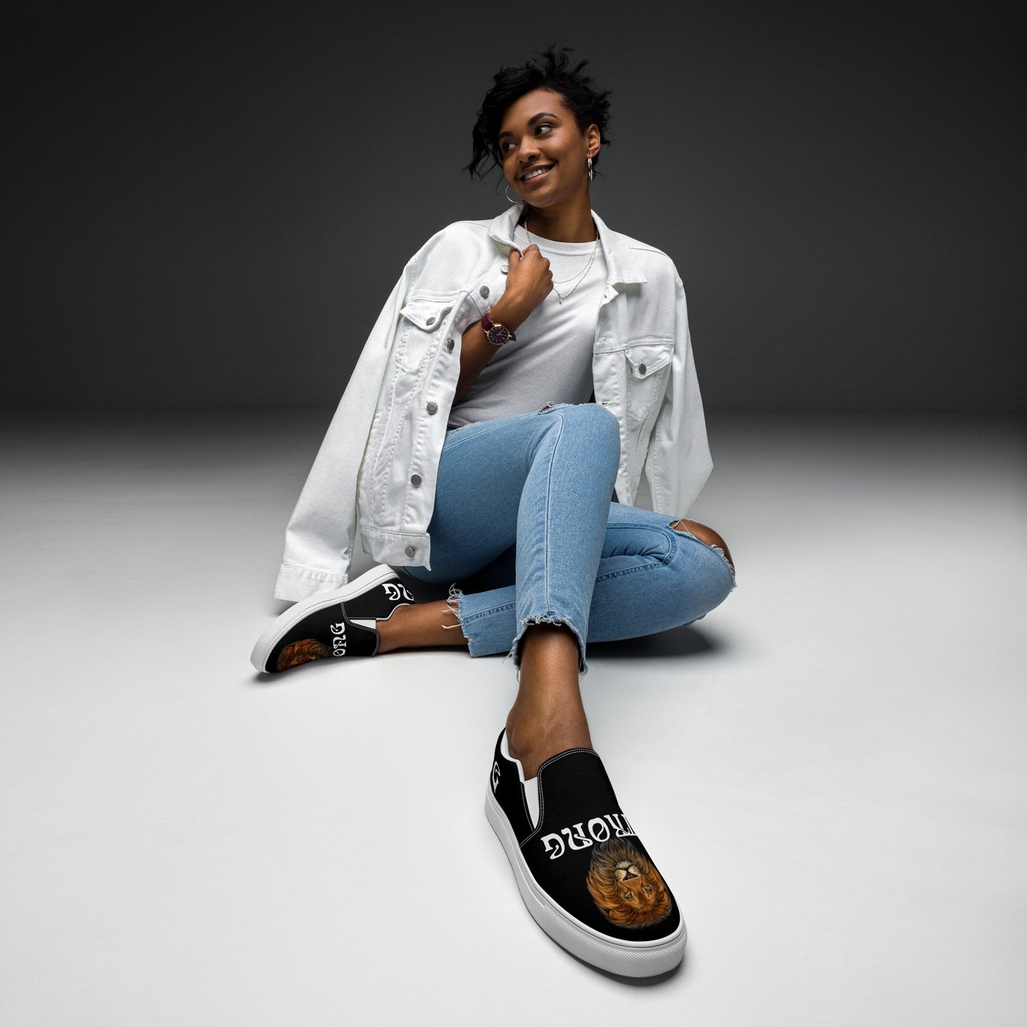 “STRONG”Black Women’s Slip-On Canvas Shoes W/White Font