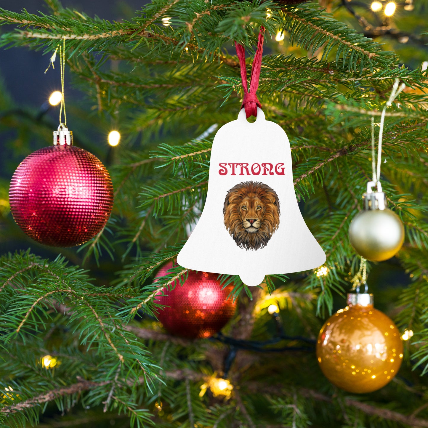 “STRONG” White Wooden Ornaments W/Red Font