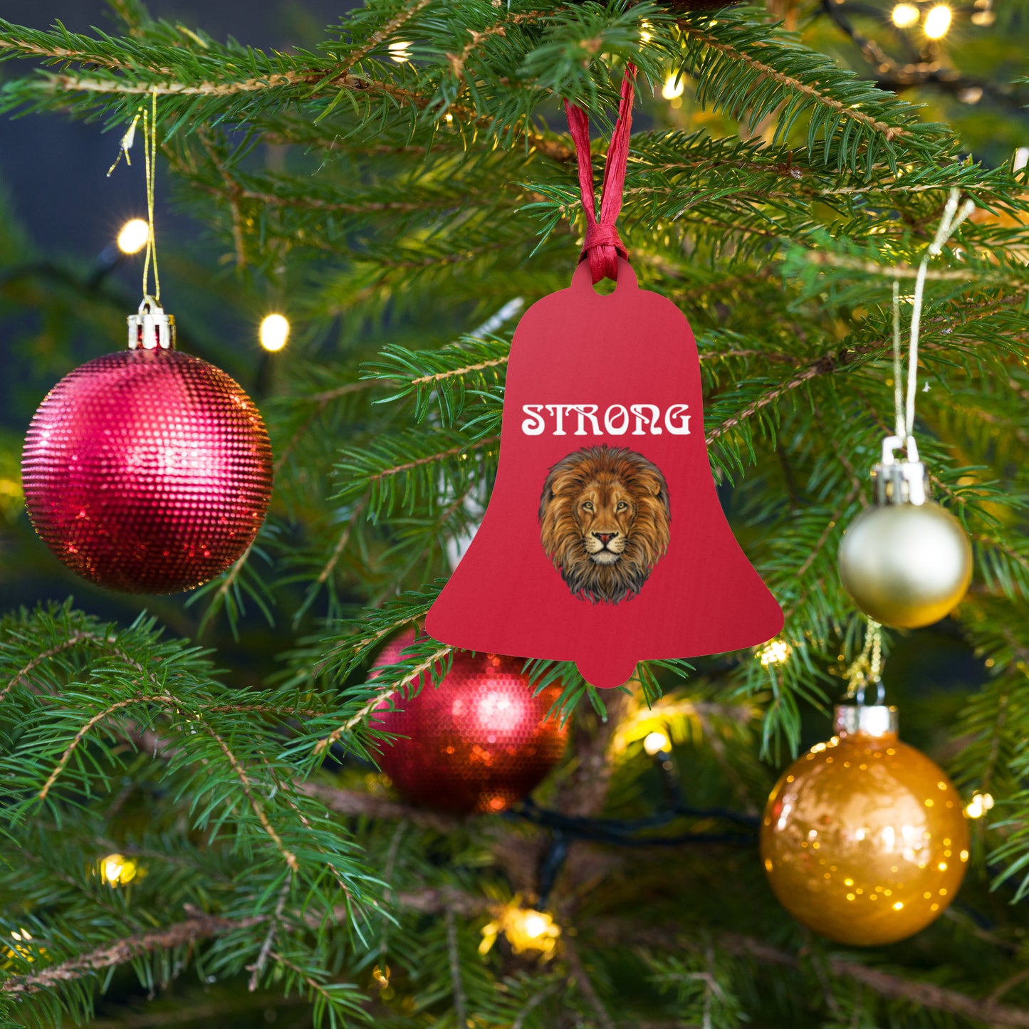 “STRONG” Red Wooden Ornaments W/White Font