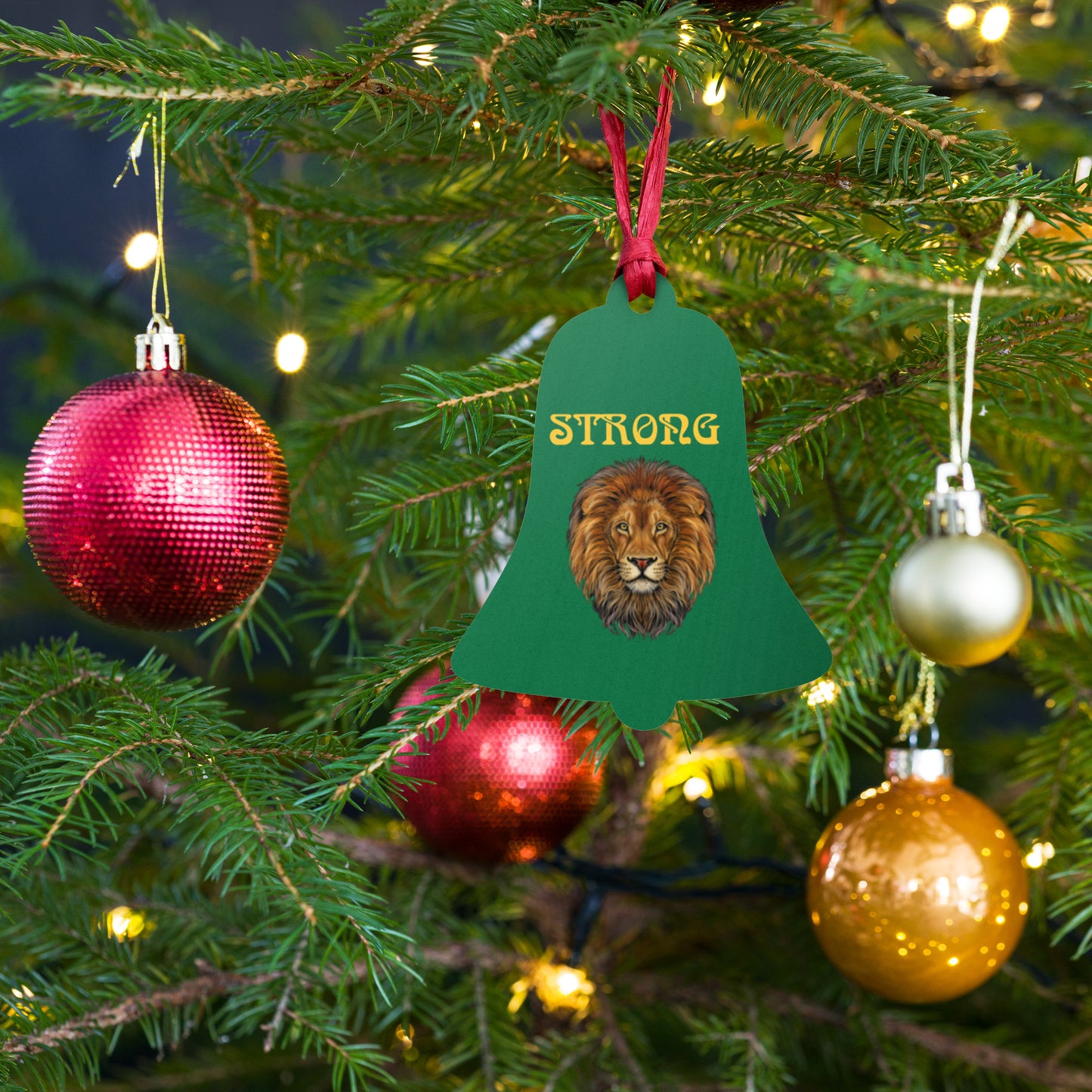 “STRONG” Green Wooden Ornaments W/Yellow Font