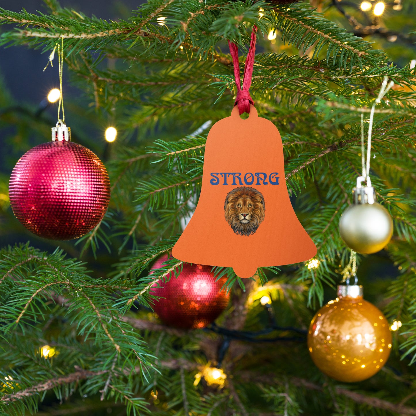 “STRONG” Orange Wooden Ornaments W/Blue Font