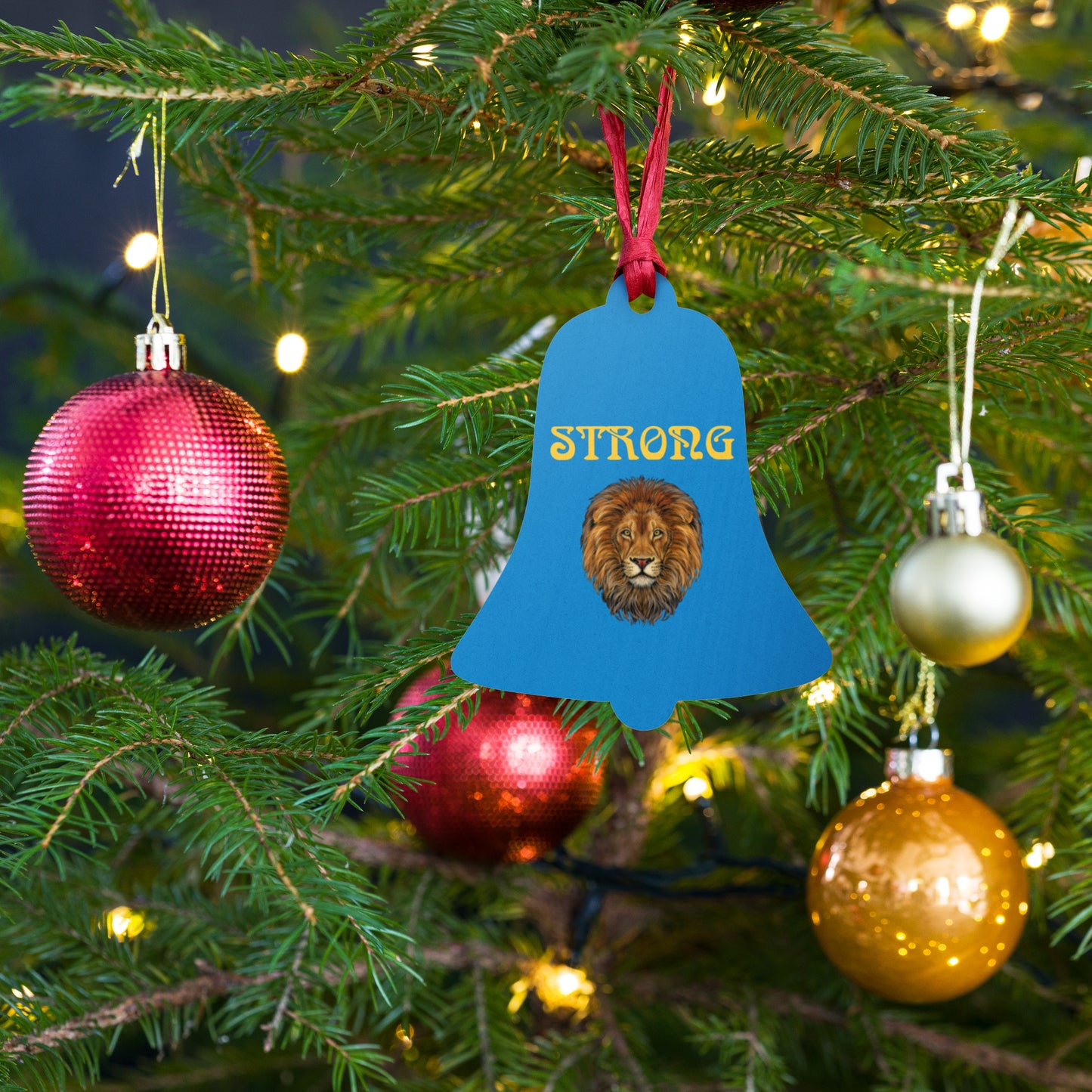 “STRONG”Light Blue Wooden Ornaments W/Yellow Font