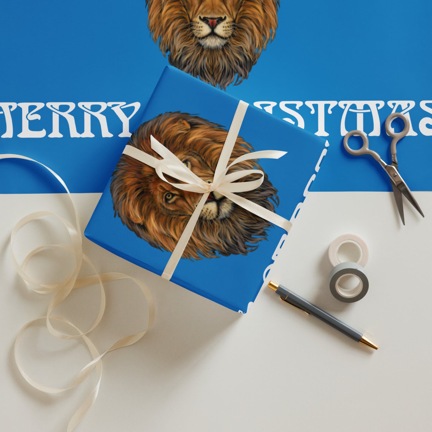 “STRONG”Blue Christmas Wrapping Paper Sheets W/White Font