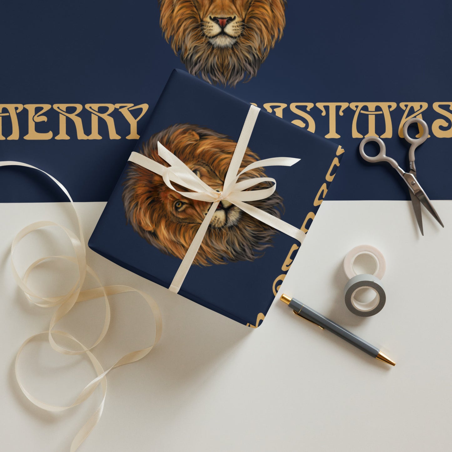 “STRONG”Navy Christmas Wrapping Paper Sheets W/Fawn Font