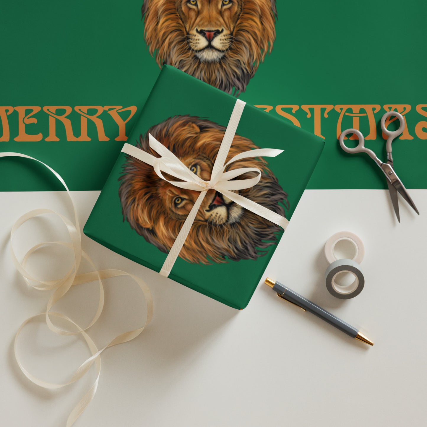 “STRONG”Green Christmas Wrapping Paper Sheets W/Bronze Font
