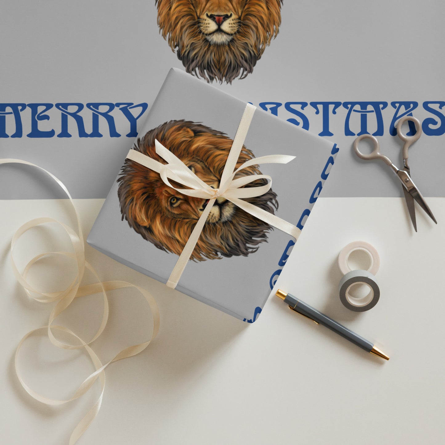 “STRONG”Silver Christmas Wrapping Paper Sheets W/Blue Font