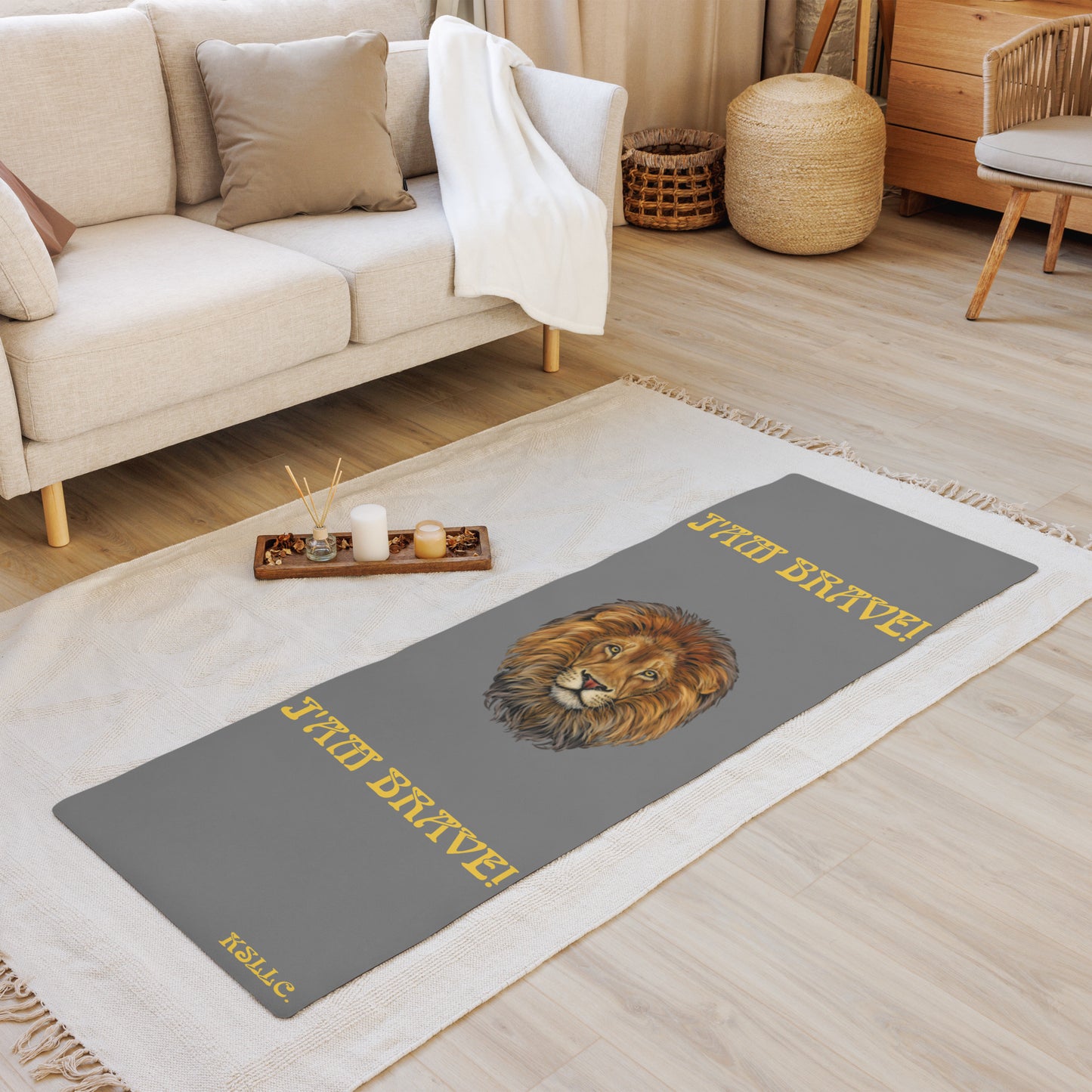 “I’AM BRAVE!”Grey Yoga Mat W/Yellow Font