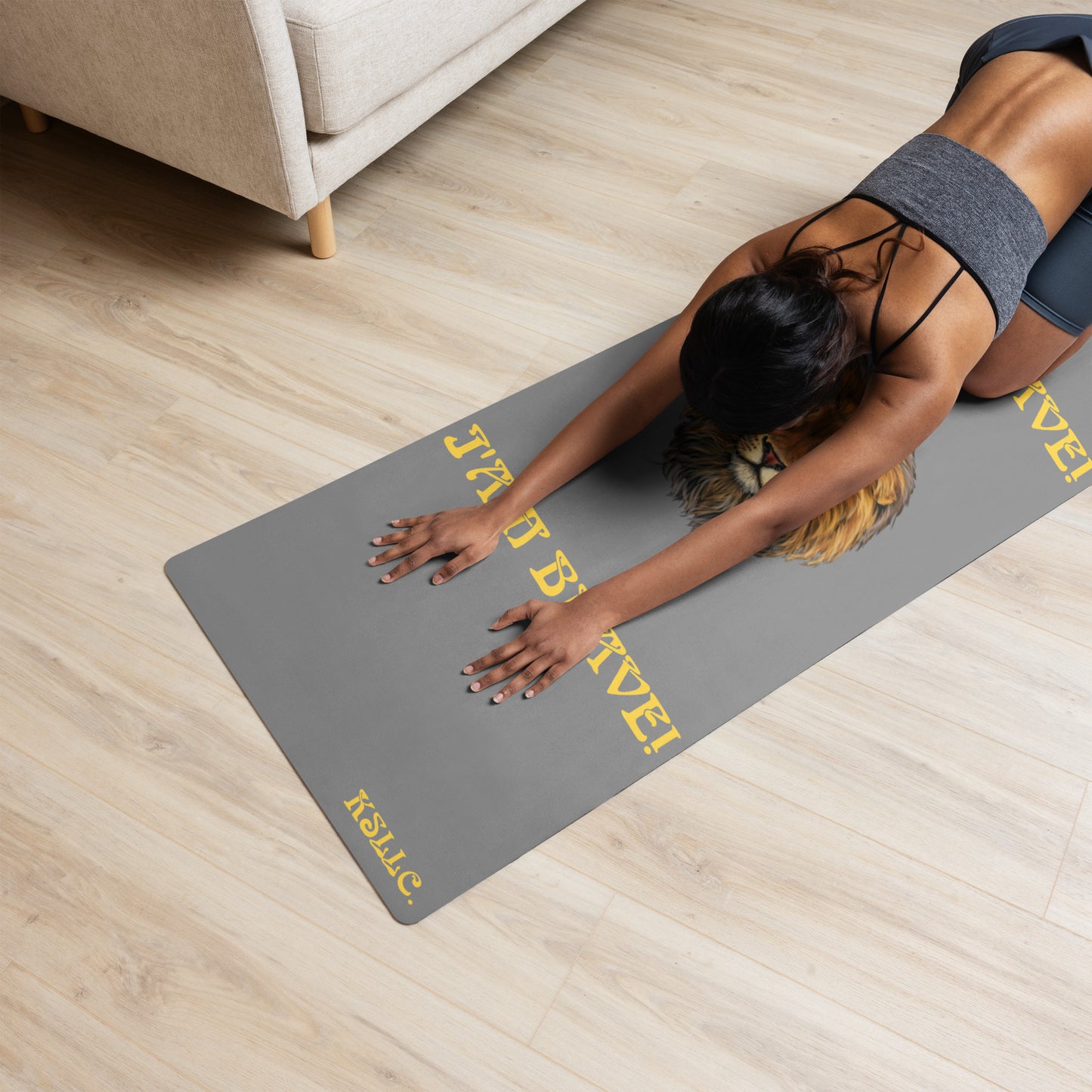 “I’AM BRAVE!”Grey Yoga Mat W/Yellow Font