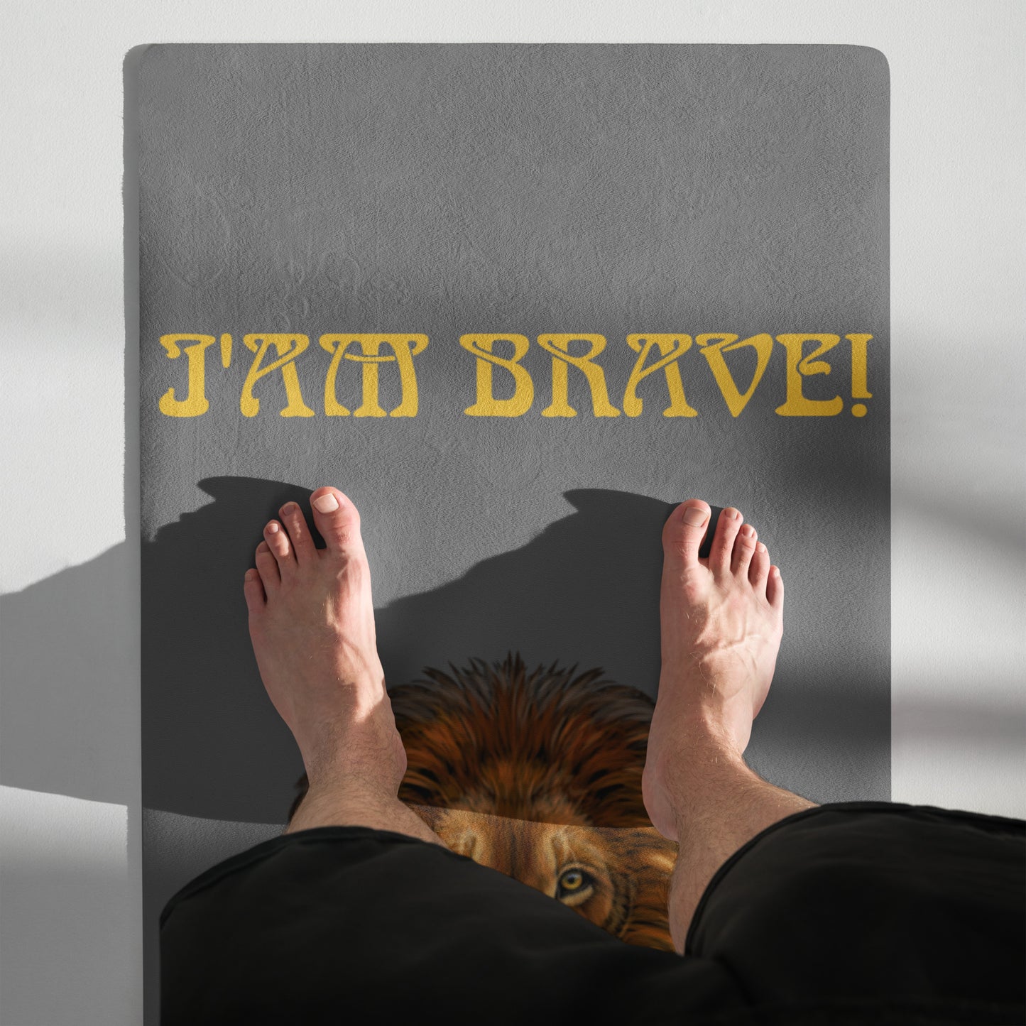 “I’AM BRAVE!”Grey Yoga Mat W/Yellow Font