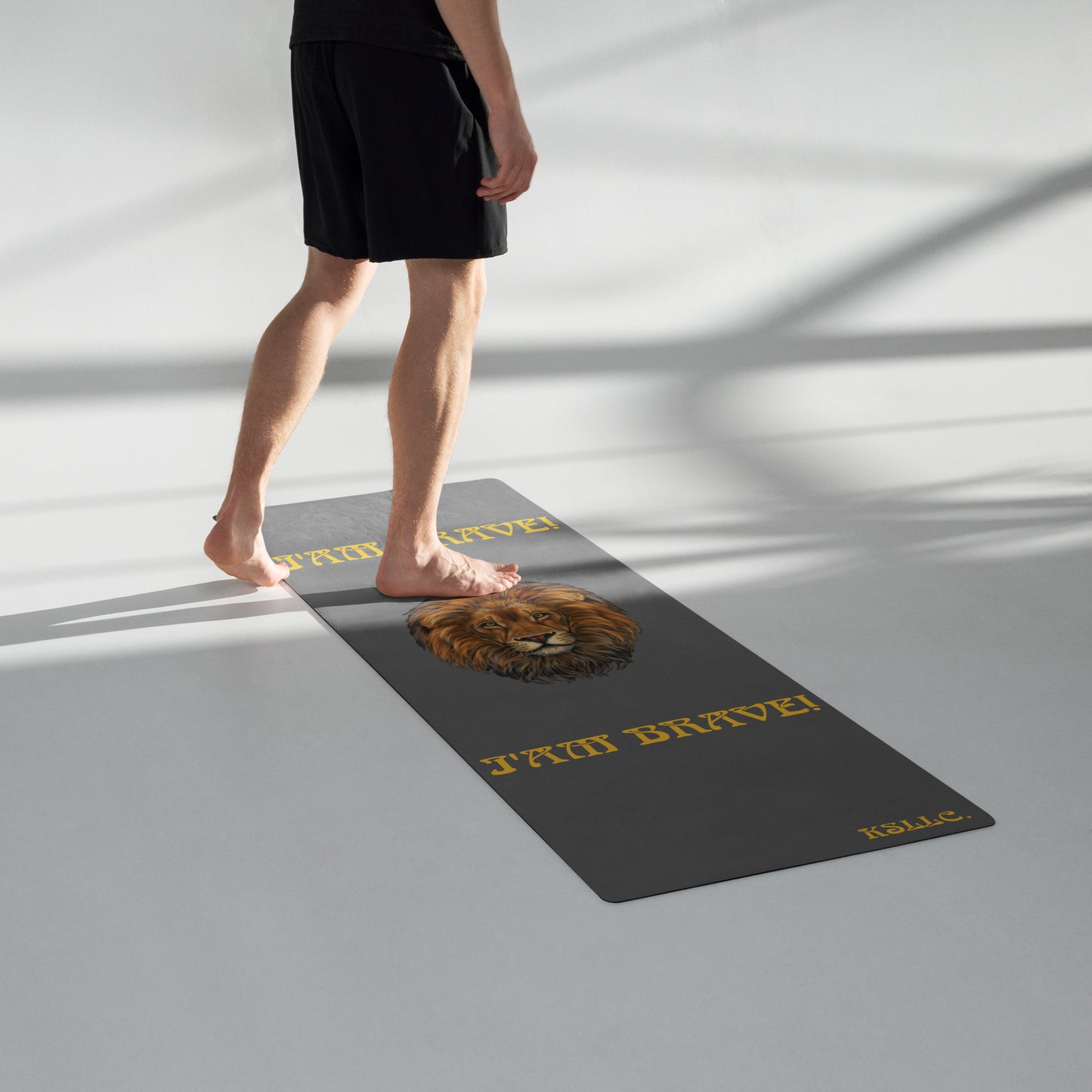 “I’AM BRAVE!”Grey Yoga Mat W/Yellow Font