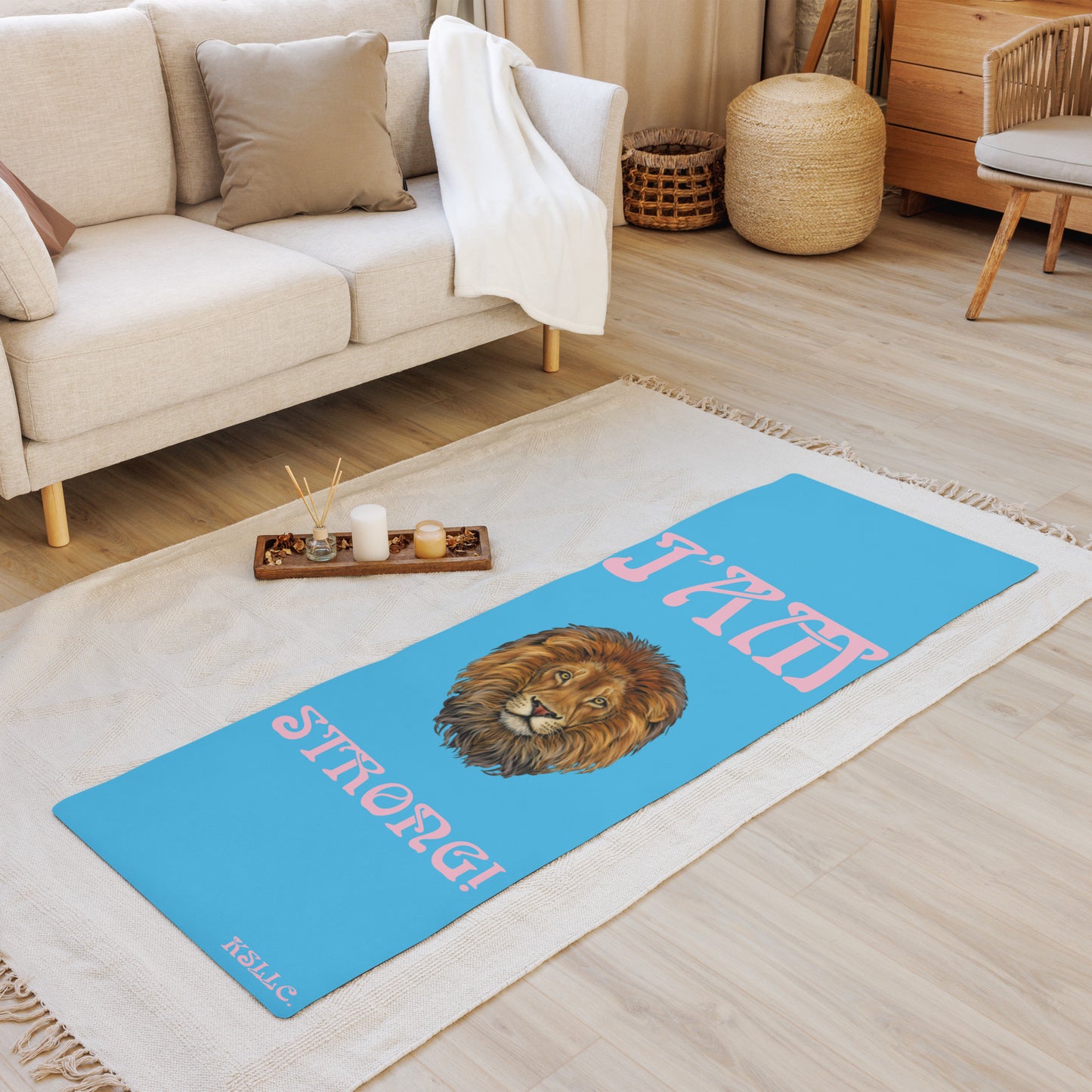 “I’AM STRONG!”SkyBlue Yoga Mat W/Cotton Candy Font