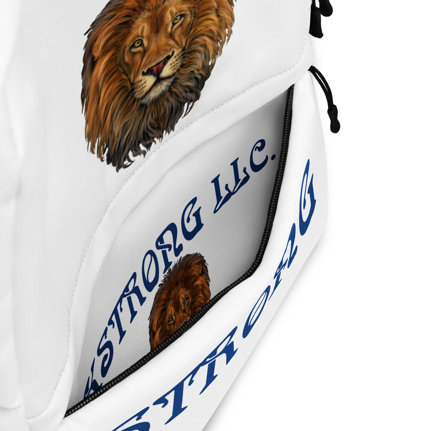 “STRONG” White Backpack W/Blue Font