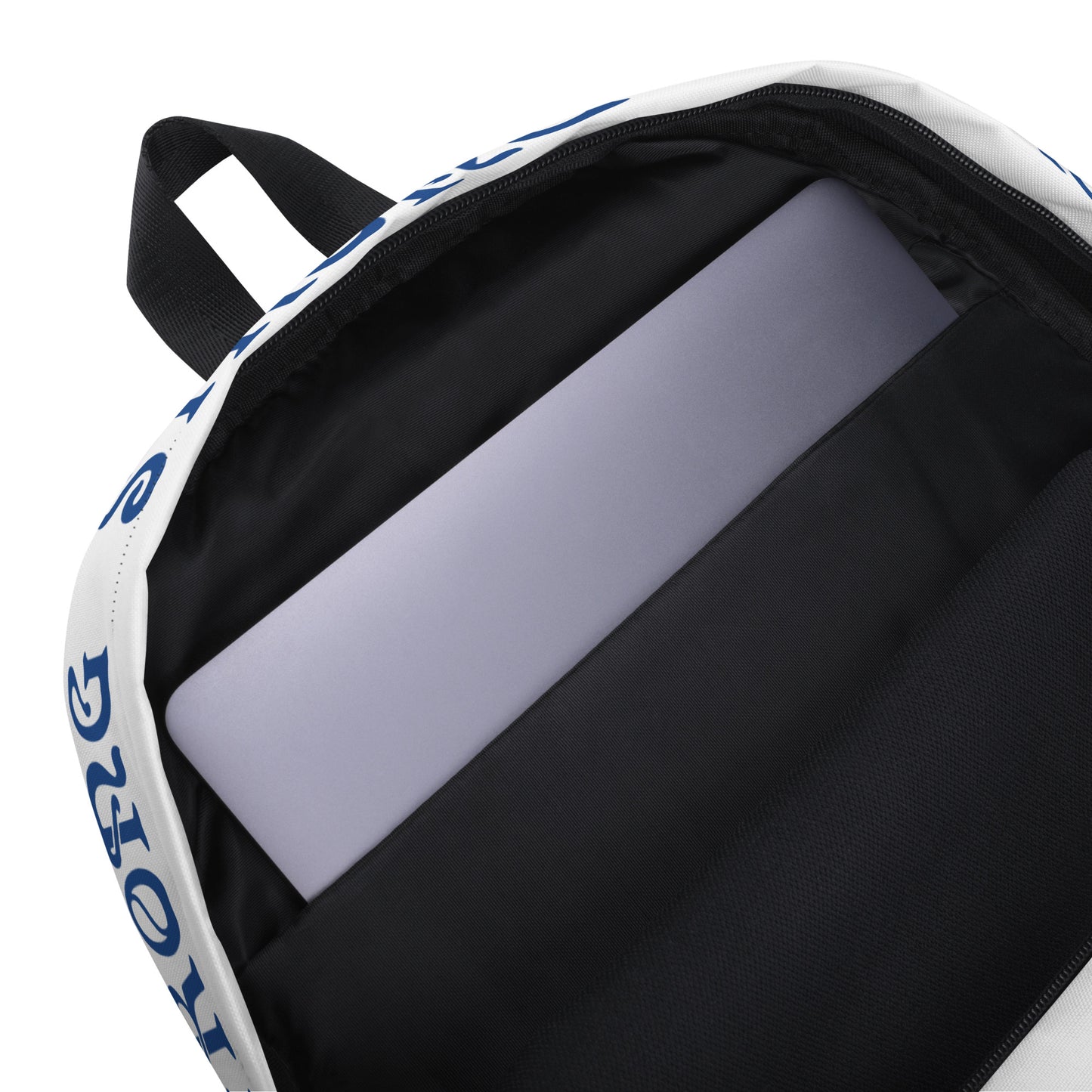 “STRONG” White Backpack W/Blue Font